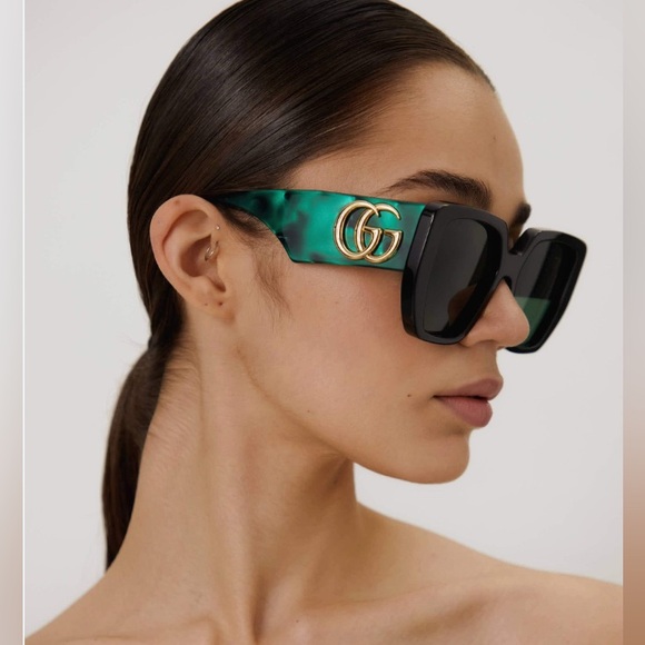 Gucci Geometric Sunglasses GG0956S 001 Black/Green 54mm - Picture 2 of 12